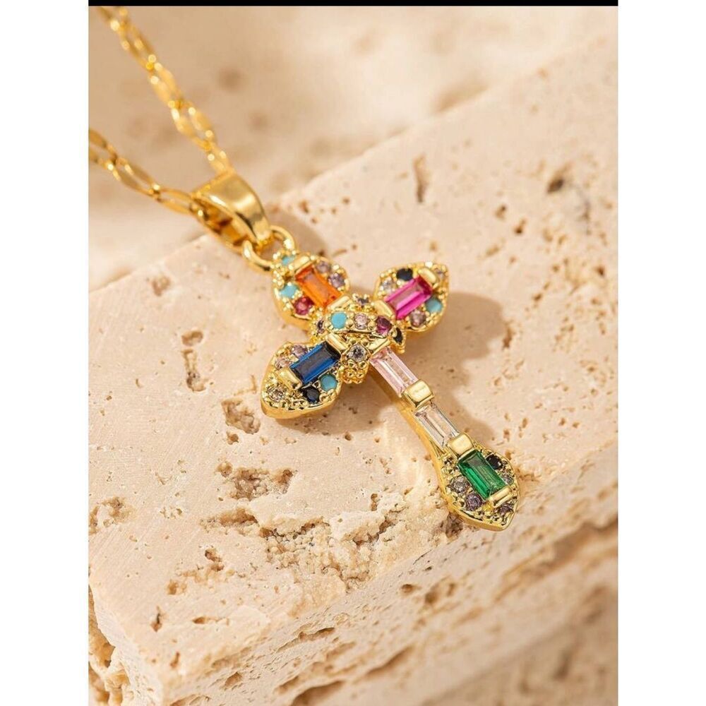 Gold plated Multicolor Gemstone Cross Necklace R630